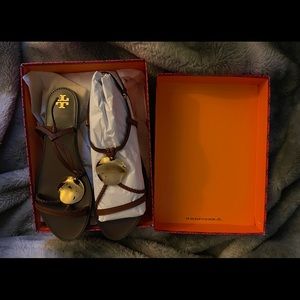 Tory Burch PATOS 5MM MULTI-STRAP SANDAL Brown Gold Metallic Accents size 11